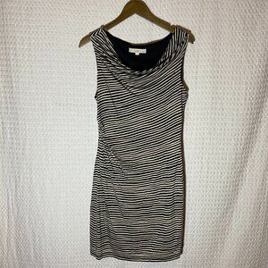 Ann Taylor Loft Dress Black and Tan Stripes Cowl Neck Rushed Side Size L Petite